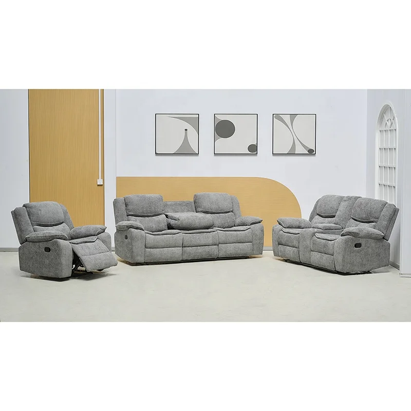 Grey Fabric Manual Recliner 3+2+1 Sofa Set With Console And Drop Down Table