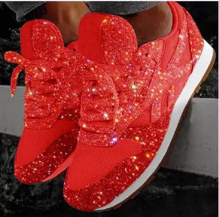 Plus Size Summer Women Flat Shining Sneakers Outdoor Walking Ladies Vulcanized Shoe Mesh Breathable Bling Casual Sport Shoes