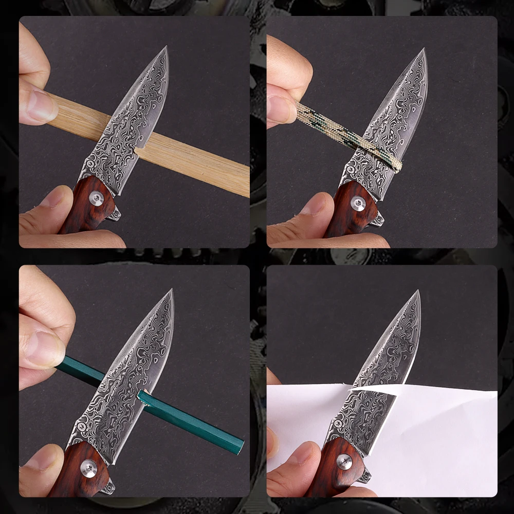 
Handmade Yellow Sandalwood Handle Damascus Steel Outdoor Camping Survival EDC Folding Pocket knife 