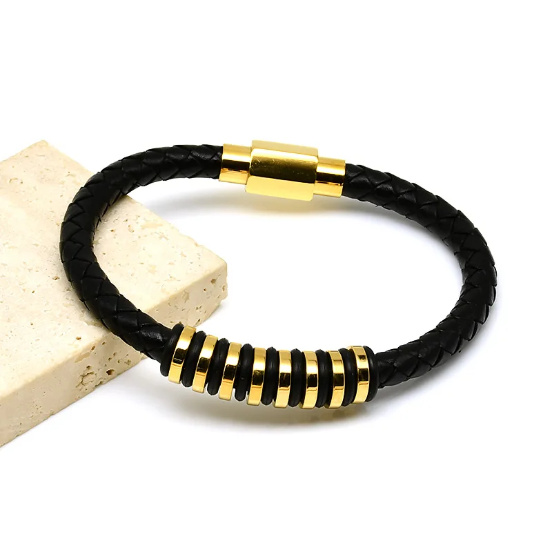 Trendy Gold Titanium Steel Bracelet Braided Leather Rope Bracelet Personality Stainless Steel Bangles Bracelet