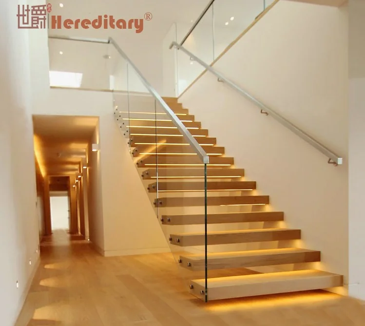 Led Light Staircase Glass Railing  Wooden Stair Steps With Floating Staircase Modern Interior Wood Stairs