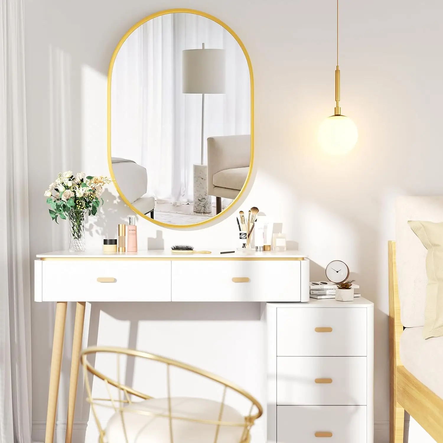 Decorative bathroom mirror oval gold metal framed mirror wall mounted vanity mirror for bathroom