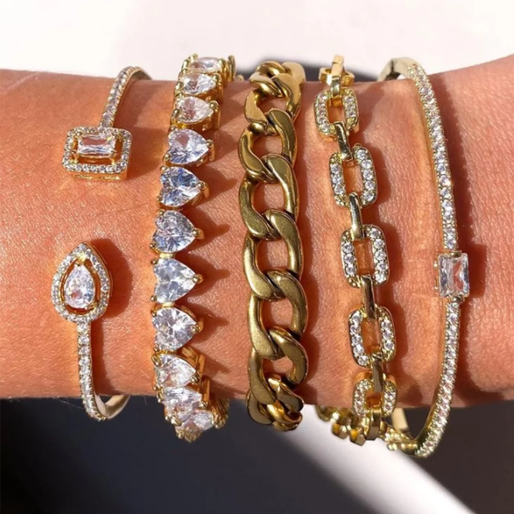 RAKOl  BP005 Fashion Sparkling Charm Diamond Lady Style Zircon Heart Tennis Chain Bracelets 18k Gold Plated 925 Silver Jewelry