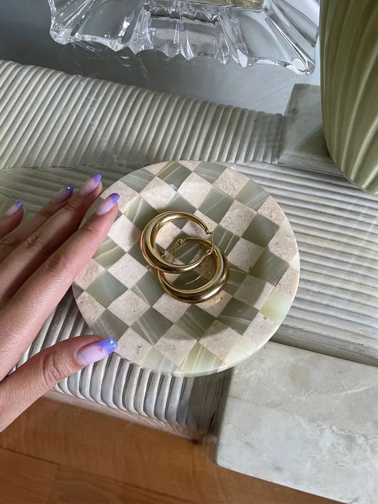 stonekocc D12CM Vintage Checkered Mosaic Green Onyx with Travertine Marble Catchall Small Item Storage Organization Serving Tray