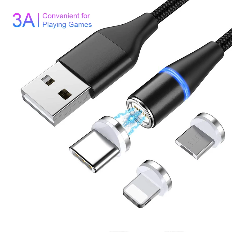  360 вращающийся магнитный кабель для передачи данных 3A micro usb c LightningCable 3 в 1 Магнитный зарядный iphone быстрое зарядное устройство