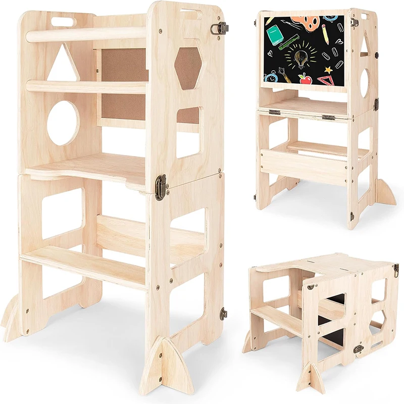 Toddler Learning Tower 3 in-1 Kids Step Stool with Switchable Blackboard Foldable Child Standing Tower Montessori Counter Stand