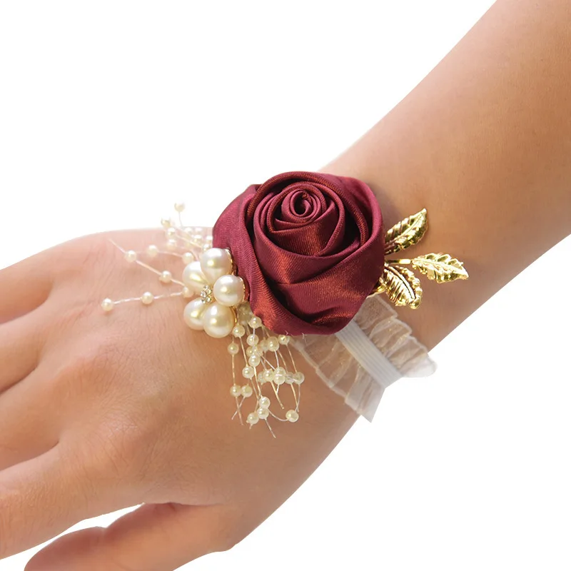 KS-102 Wedding Bridal Bridesmaid Silk Wrist Flower Corsage with Faux Pearl Bead Stretch Bracelet Wristband Gold Leaf