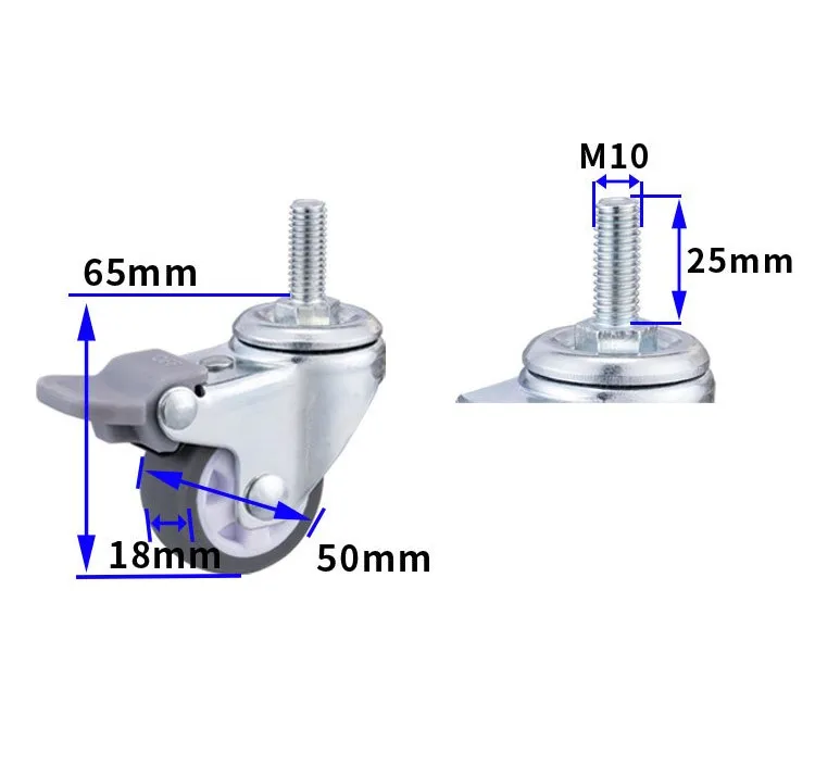 Swivel M10 threaded stem caster 2 inch 50mm furniture wheel castor with brake