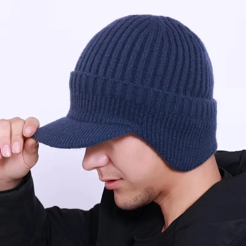 Mens Outdoor Hat Winter Warm Thick Knit Beanie Hat with Visor Beanie with Brim