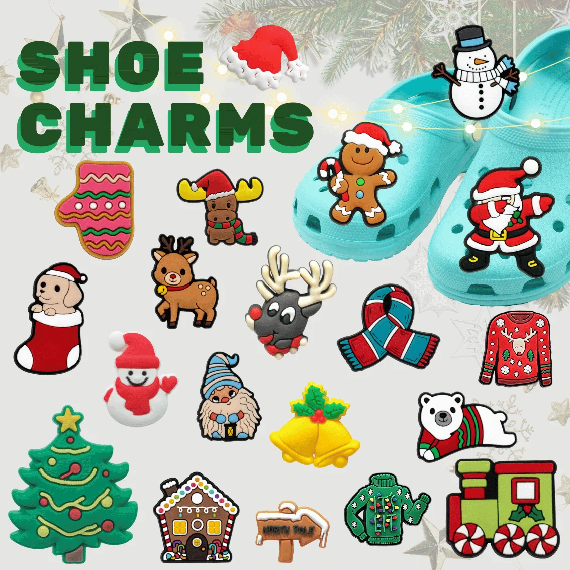 Wholesale Price New Styles Cute Winter Decorations Clog Trinket Gifts 2D PVC  Rubber Christmas Holiday Shoe Charms