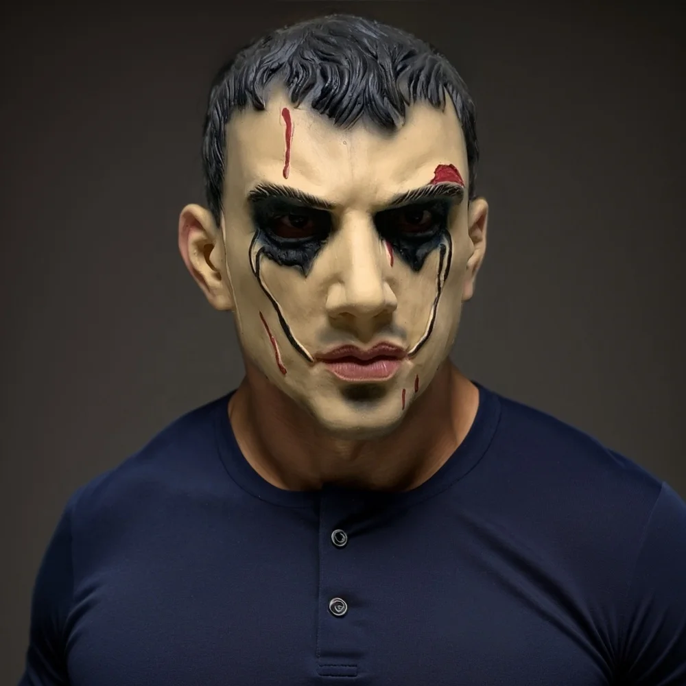 Realistic Male Head Hard Man Angry Human Face Mask Bloody Full Head Latex Masks Movie The Crow/The Woods Bill Skarsgard Mask