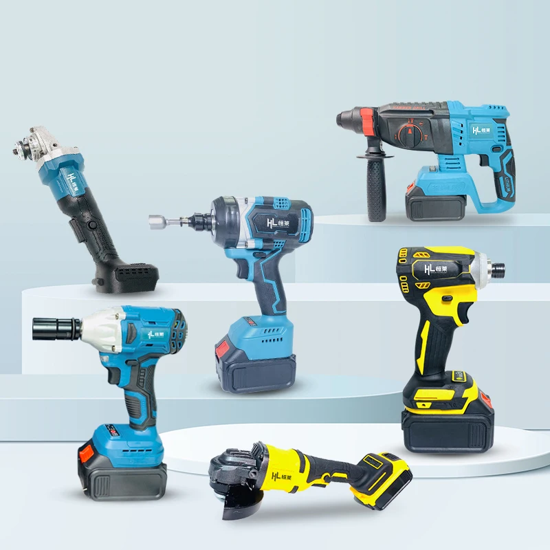 HENGLAI 100mm/125 Power Tools cordless Brushless Angle impact Drill and Rotary haer drill tool set