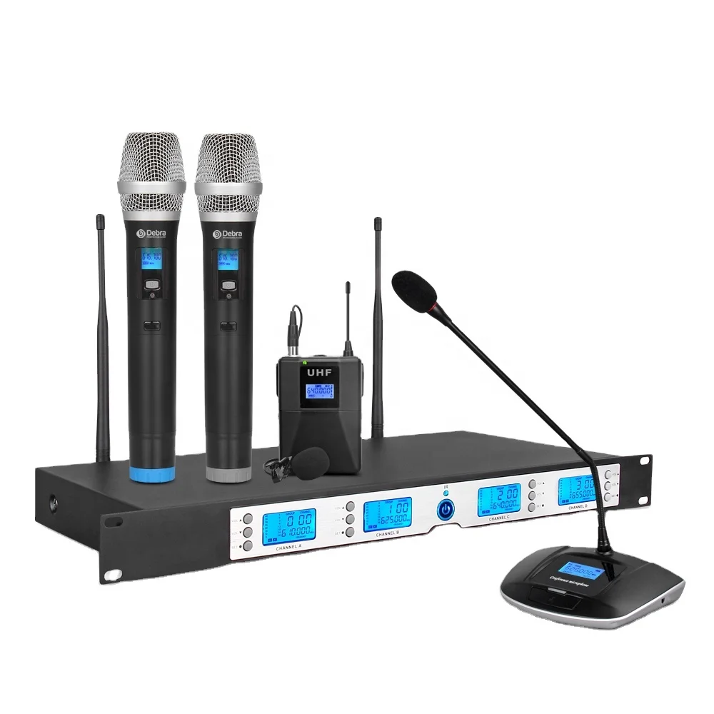 Professional 4 Channels UHF Wireless Microphone Conference Stage Performance Mics