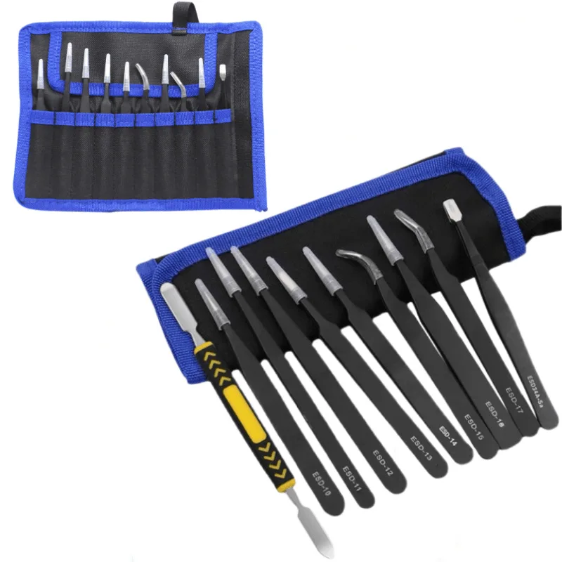 10Pcs/set Anti-static ESD Stainless Steel Tweezers Maintenance Tools Industrial Precision Curved Straight Tweezers Repair Tools