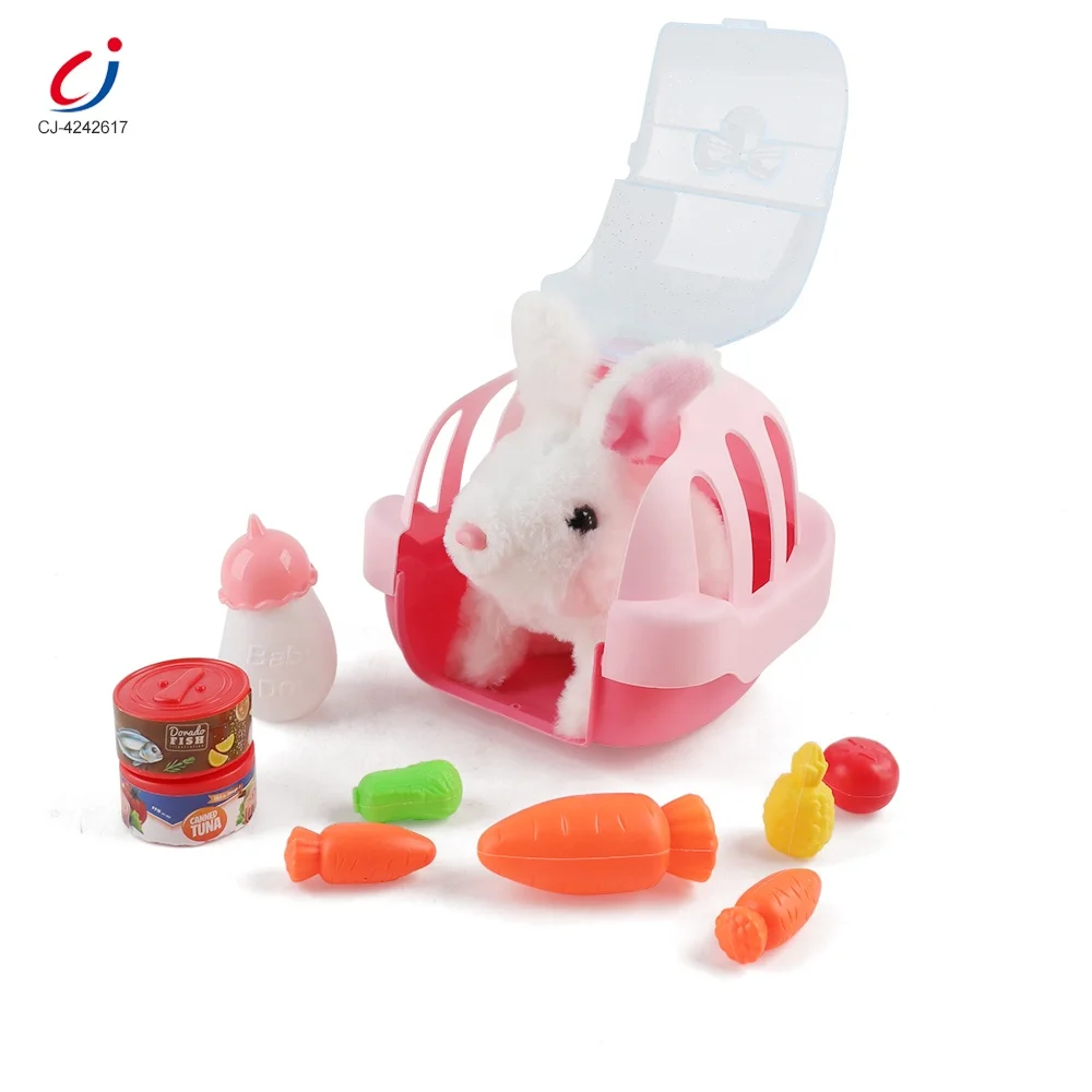 Chengji newest design electric pets rabbit plush toy simulated walking feeding pet care play vet set for kids