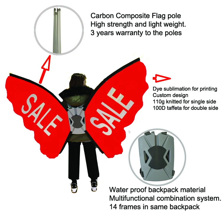 Weihai WZRODS Suppliers Custom Printed Banner Wing Flag Shape Combination Plastic Backpack With Pole For Moving Advertising