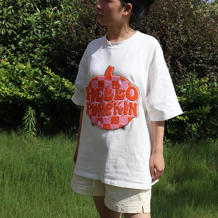 Custom large chenille patches low MOQ Halloween big iron on gold glitter orange checked Hello pumpkin chenille patches for women