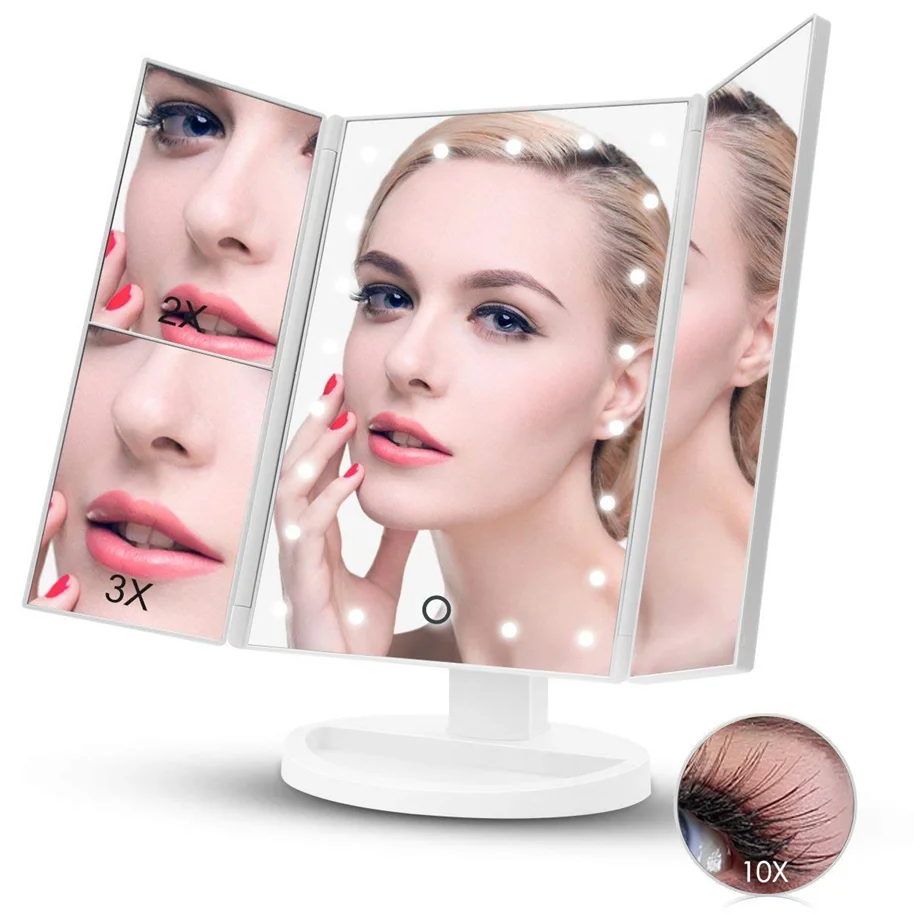 LED Lighted Trifold Makeup Mirror 1X/2X/3X/10X Magnification Vanity Mirror 22 Led Lights Touch Screen with Dual Power Supply