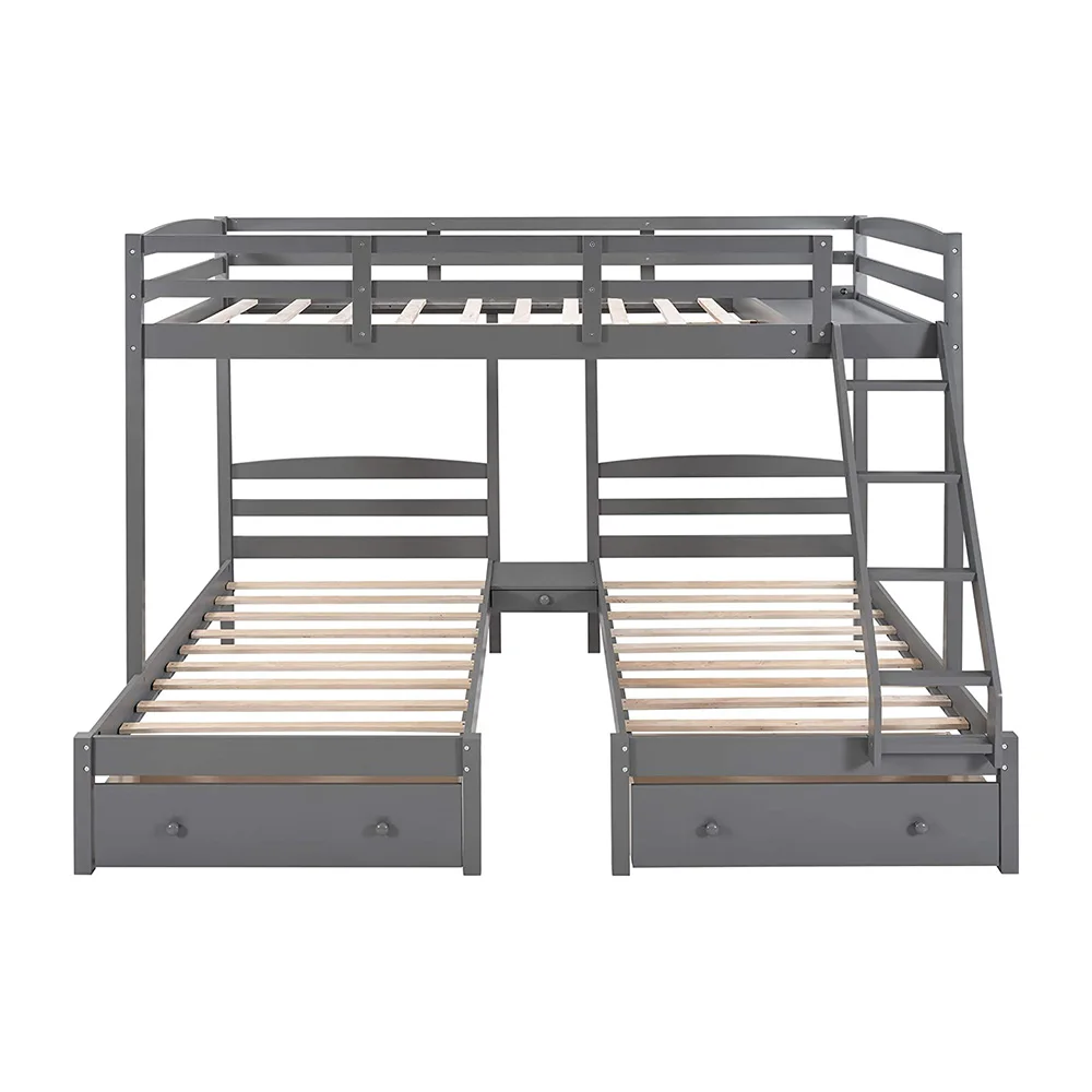 Kids Wood Triple Bunk Beds with 3 Drawers and Safe Guardrails for Family