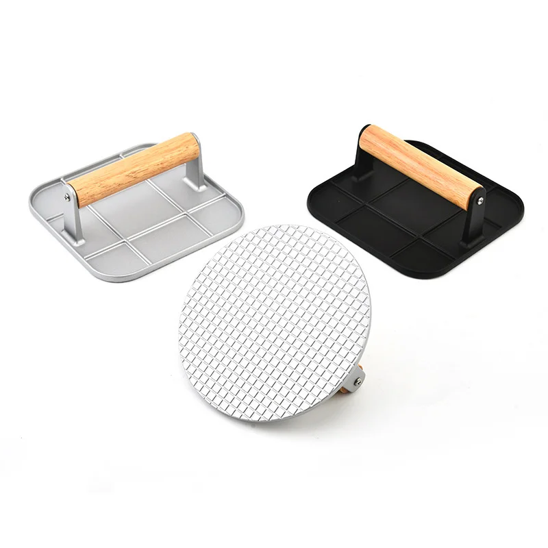 Hot Selling Kitchen BBQ Tool Non Stick Aluminum Alloy Hand Meat Burger Press with Wooden Handle for Home Kitchen BBQ