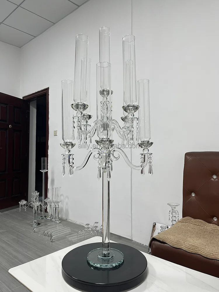 Tall Crystal Candelabra Centerpiece Suppliers 9 Arms Clear Crystal Candlesticks Holder For Wedding Decor