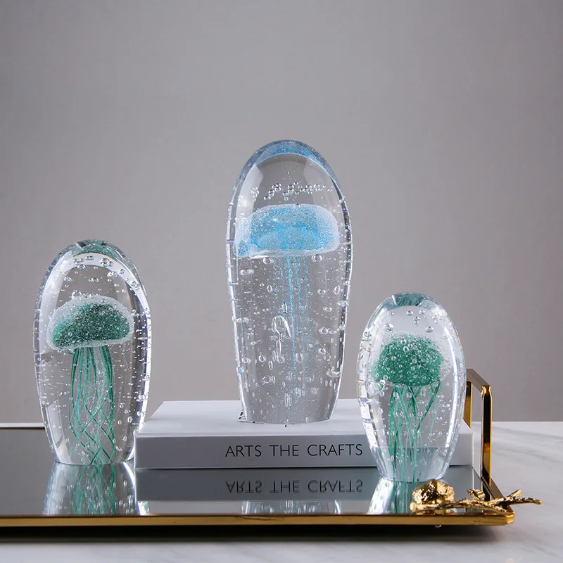 European Home Decor Jellyfish Clear Coloured Glazed Glass Crystal Abstract Objects Sculpture Ornaments For Table Decorations