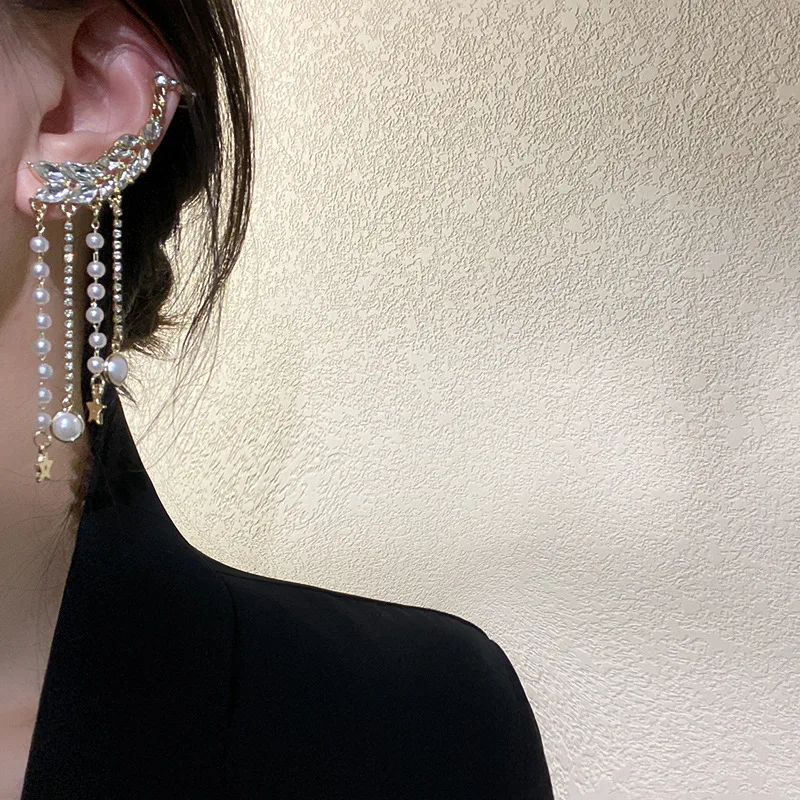 925 Silver Needle Diamond Pearl Tassel Ear Bone Clamp Retro Temperament Fashion Star Earrings
