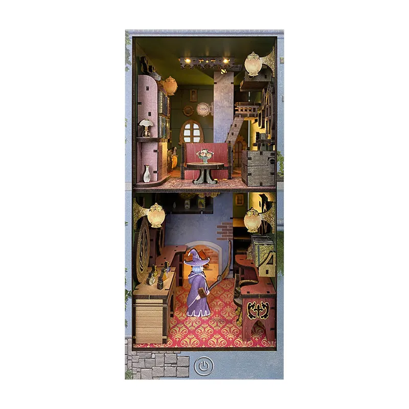 Y-TOP Hot Sale Magic Pharmacist House Wood Book Nook Kit 3D Wooden Puzzle DIY Miniature Dollhouse LED Light Custom Bookend