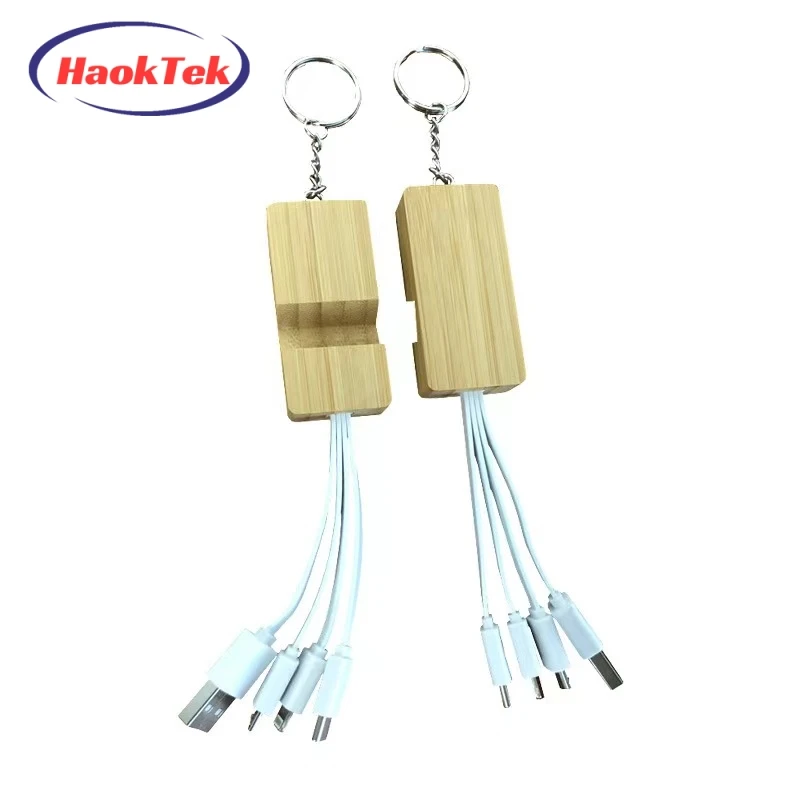 HAOKTEK Bamboo Multi  Phone Mobile Fast Usb Charging 3 In 1 Cable Fast Charging With Keychain