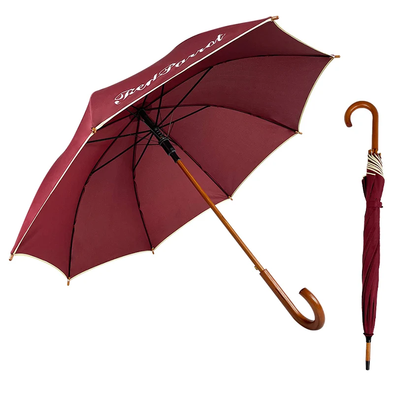 Umbrella Factory Wholesale J Wooden Handle Straight Sticks Wood Umbrella Custom Automatic Umbrella
