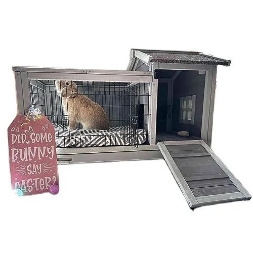 Wooden rabbit huts with detachable wire floor mesh and rabbit cages with deeper leak-proof trays - including 4 wheels