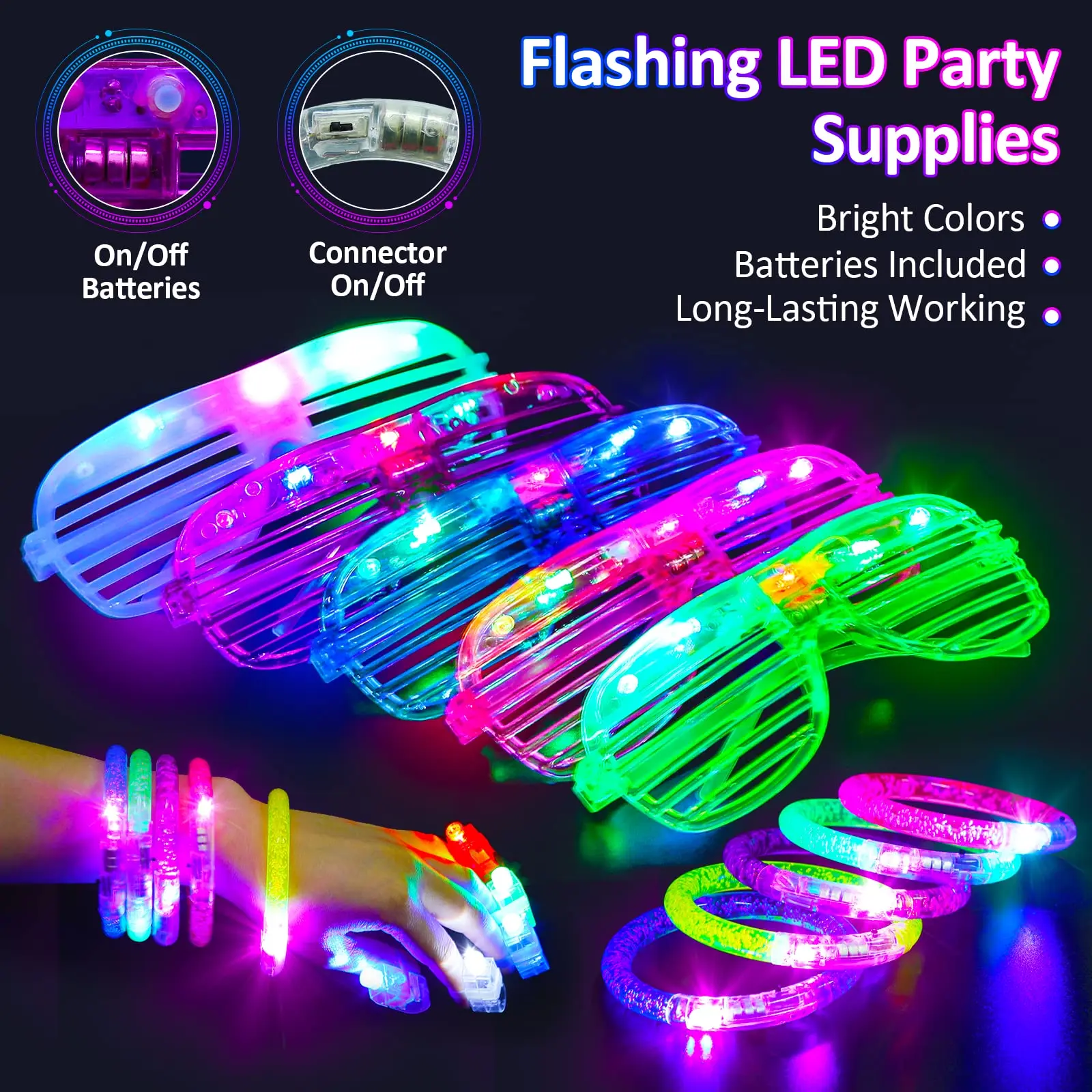 65PCs LED Light Up Toy Set Favors Glow In The Dark Hair Braid Finger Lights Adult Kids Birthday Halloween Party Props Supplies