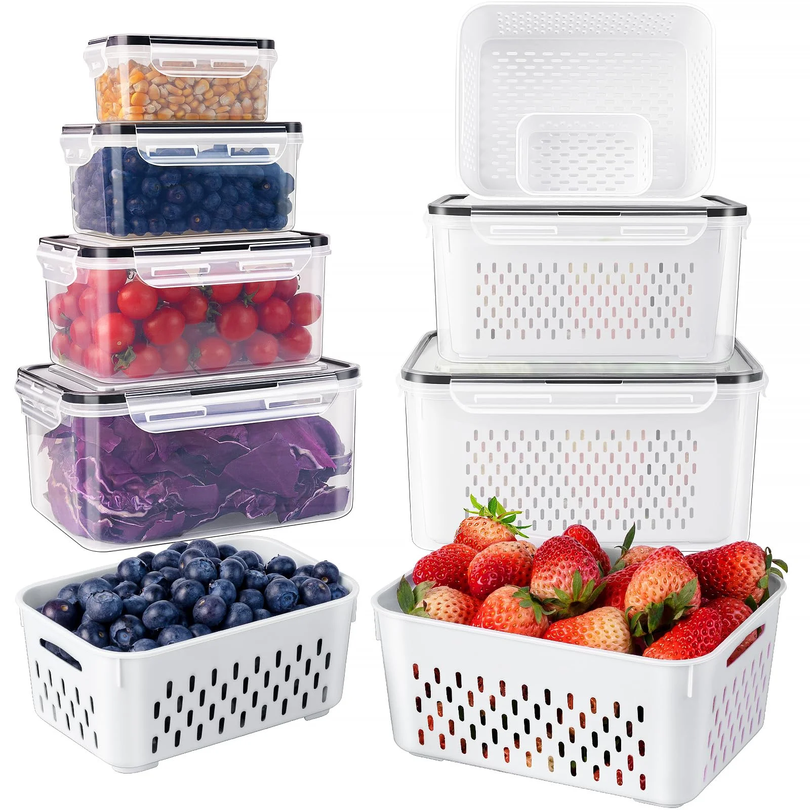 2 in 1 Plastic Food Kitchen Cabinet Leakproof Storage Boxes Fruit Container Fridge Organizer with Removable Colander