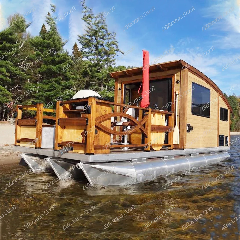 Allhouse New Design 8.2m House Boat Luxury Aluminum Pontoon Houseboat With Motor and Trailer For Sale