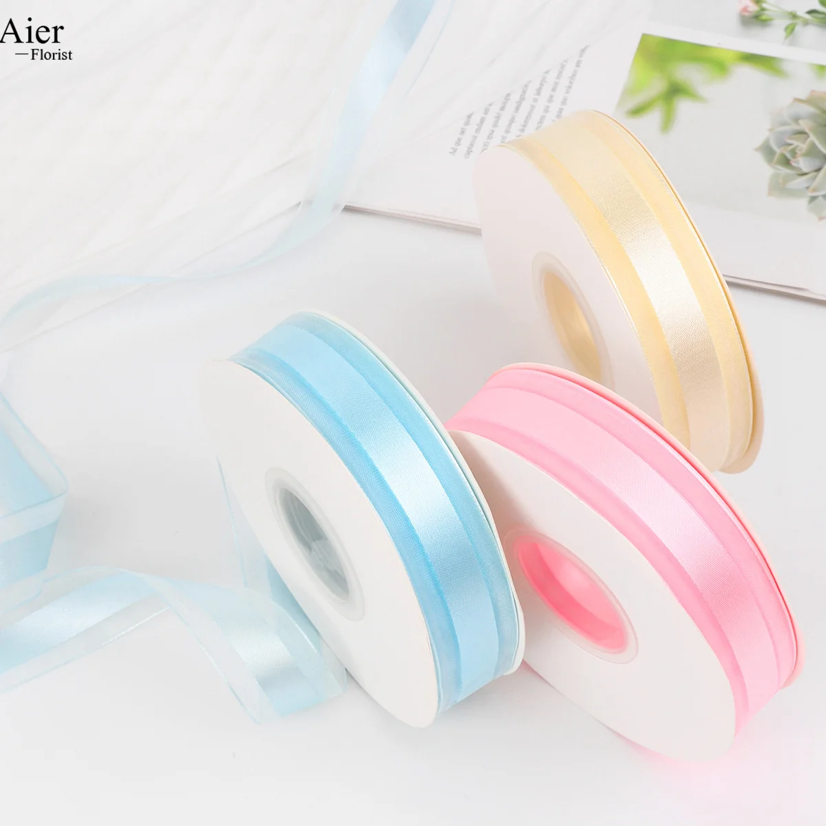 Aierflorist 2.5cm*45m middle solid color and side organza material cake decoration ribbon tape for flower bouquet