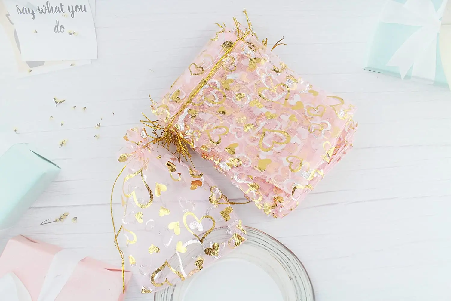 Factory direct sales Inches Heart Printed Red Organza Jewelry Pouch Organza Drawstring Pouches Wedding Favors Candy Gift bags