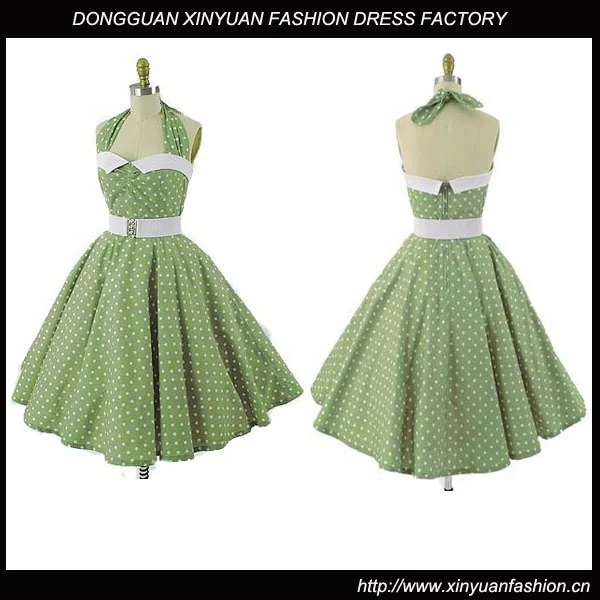 Vintage Style Girls Green White Polka Dot Swing Dress