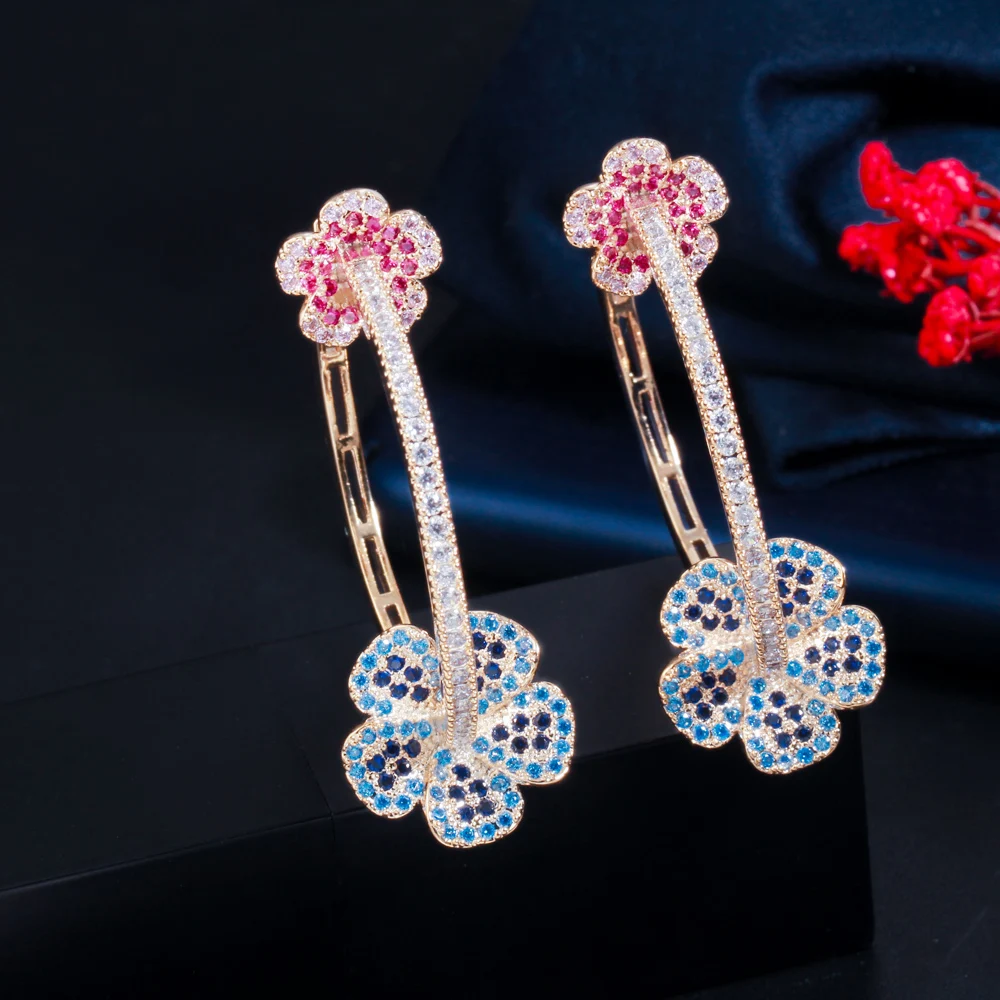 Beautiful Elegant Micro Pave Blue Red CZ Light Gold Plated Big Round Flower Shape Hoop Earrings for Women Jewelry Gift