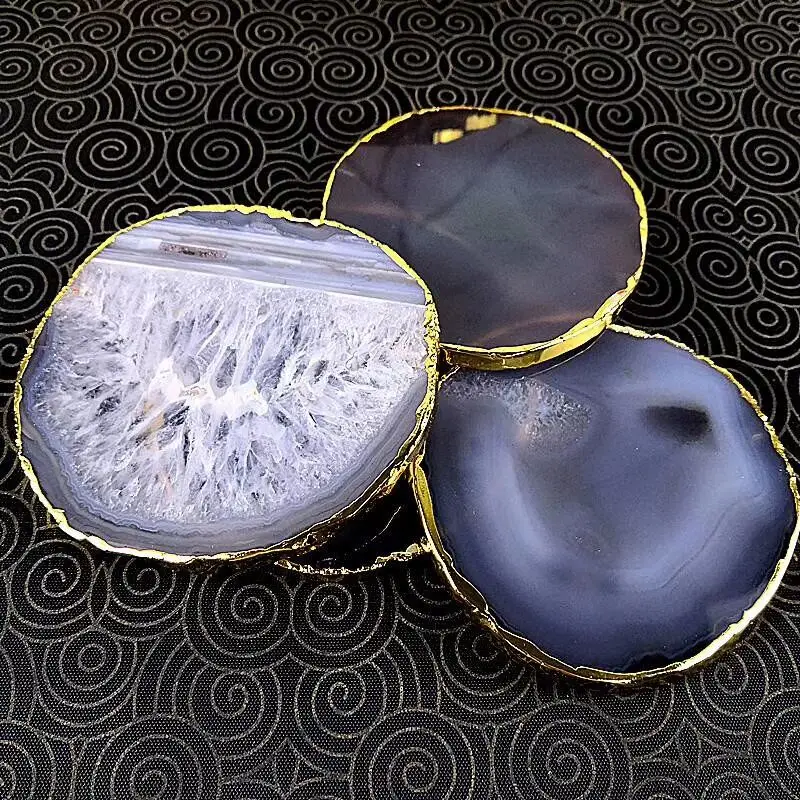 Персонализированный розовый, синий, белый, зеленый цветной драгоценный камень, подставка из агата, Хрустальный ломтик, подставки из золотистого агата с позолотой