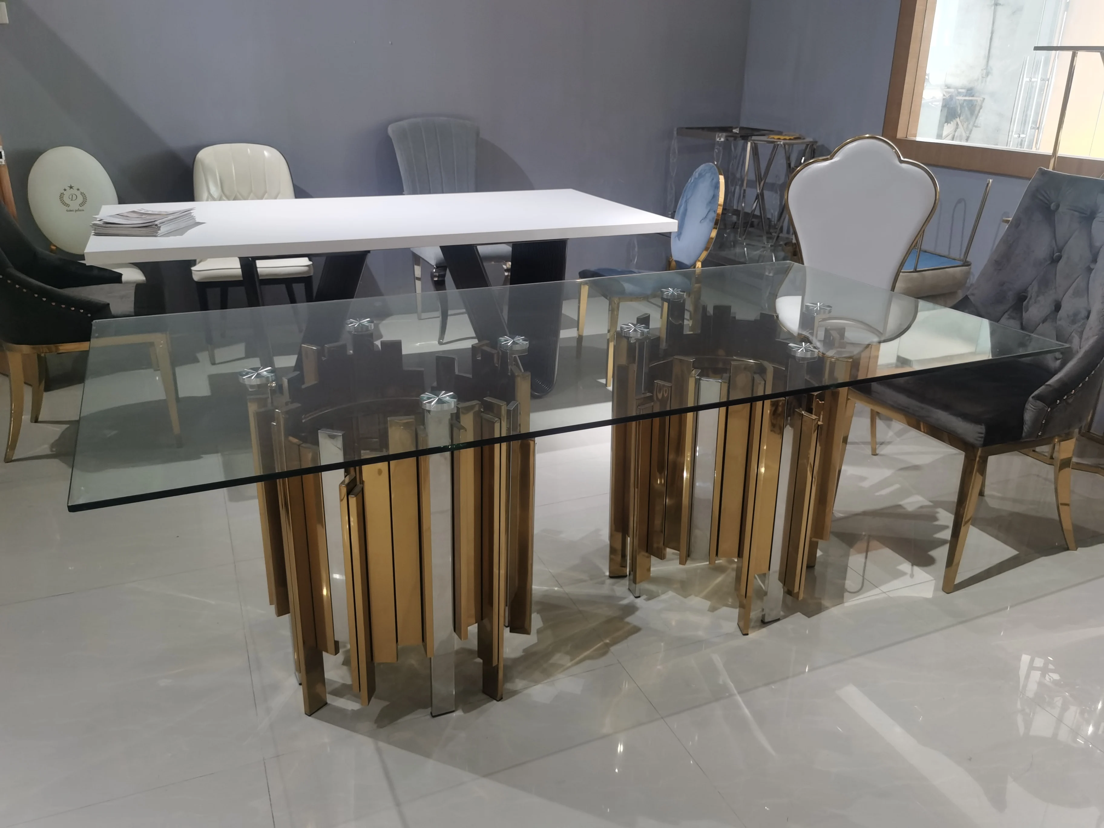 luxury glass dining table silver stainless steel dining table with glass top dining table set 6 seater luxury glass top