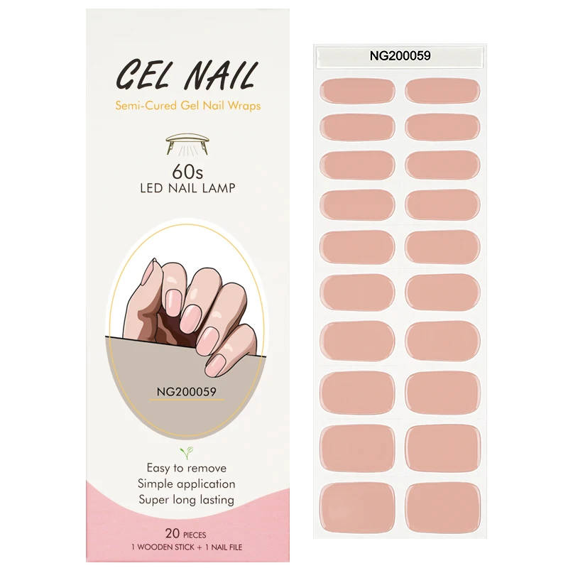Huizi 2024 Gel Nail Stickers Solid Nude Pink Color Semi Cured Nail Polish Wraps Nail Art Strips