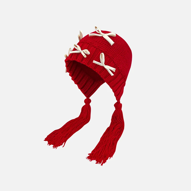 Custom Earflap Beanie Bow Tassel Knitted Hood Earflap Hats Winter Angora Knit Beanie Plush Hats