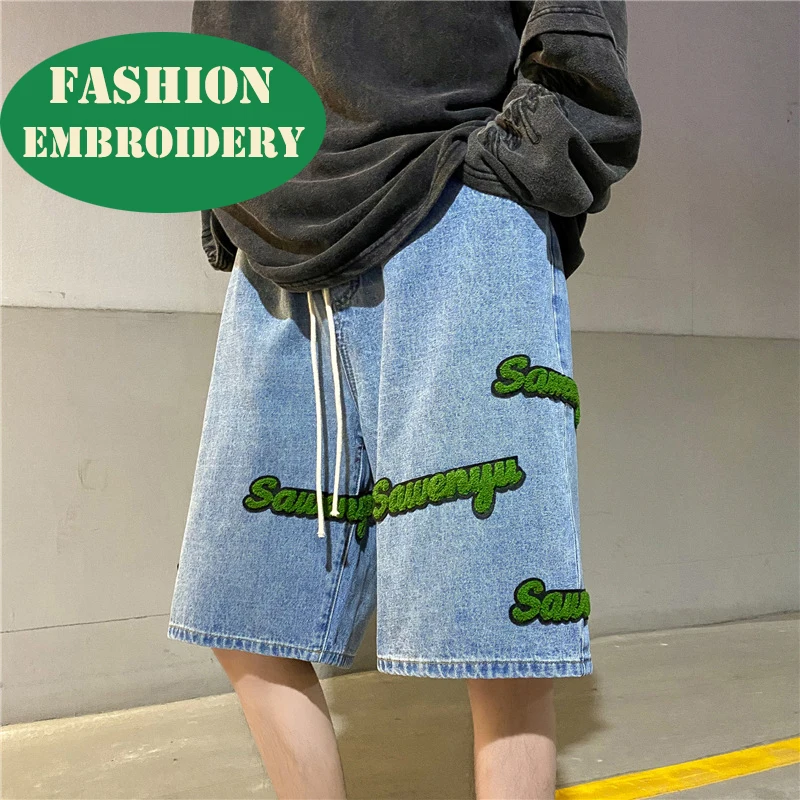 High Quality Fashion Summer Skinny Embroidery Half Pants Skinny Jeans Men Denim Short