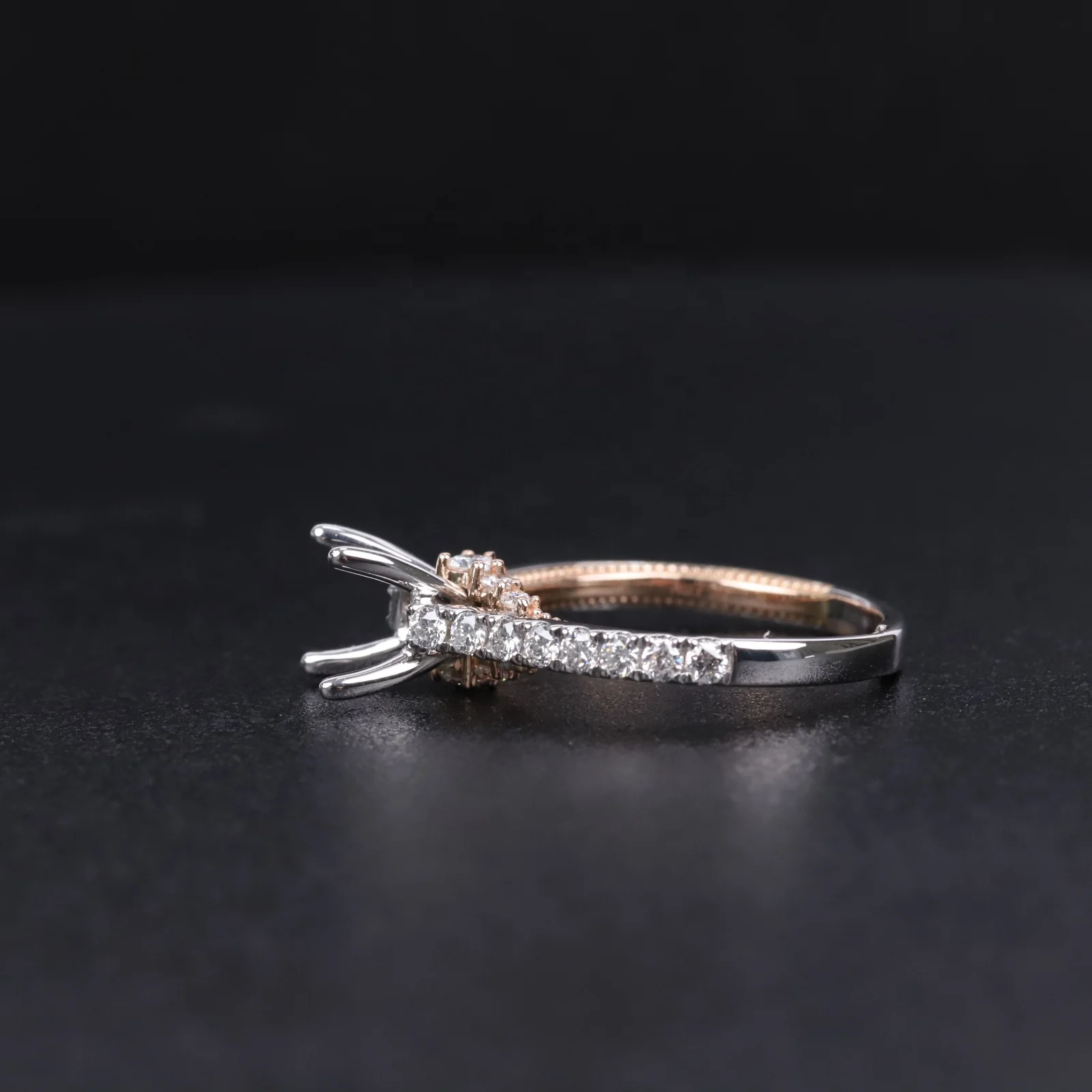 Abiding Wholesale 9K 10K 14K 18K Solid Gold Ring Blank Semi Mount With Side Stone Moissanite Diamond