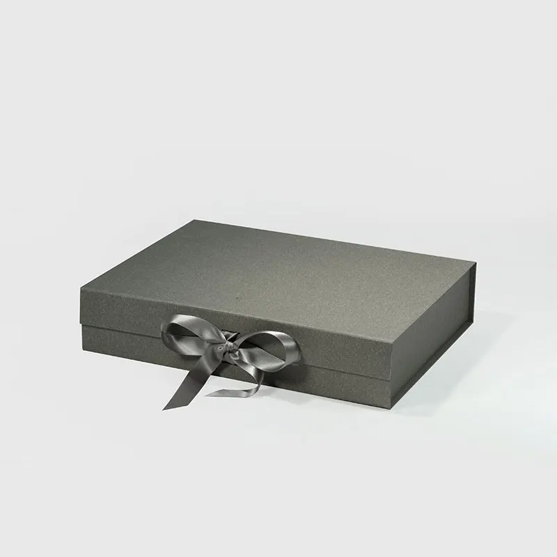 Bespoke A4 Shallow Elegant Grey Magnetic Closure Gift Packaging Cardboard Box with Ribbon