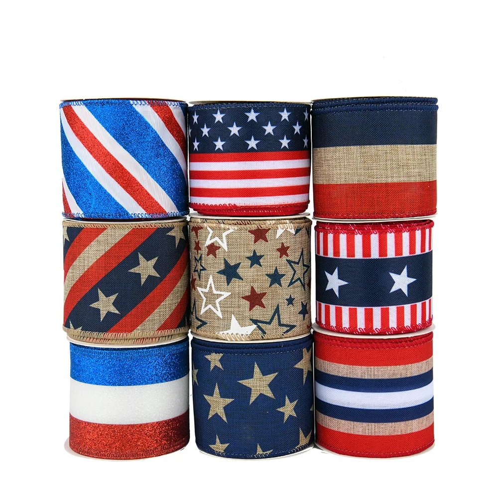 ribbon for American Independence Day  wire edge ribbon Star flag National Day series linen ribbon