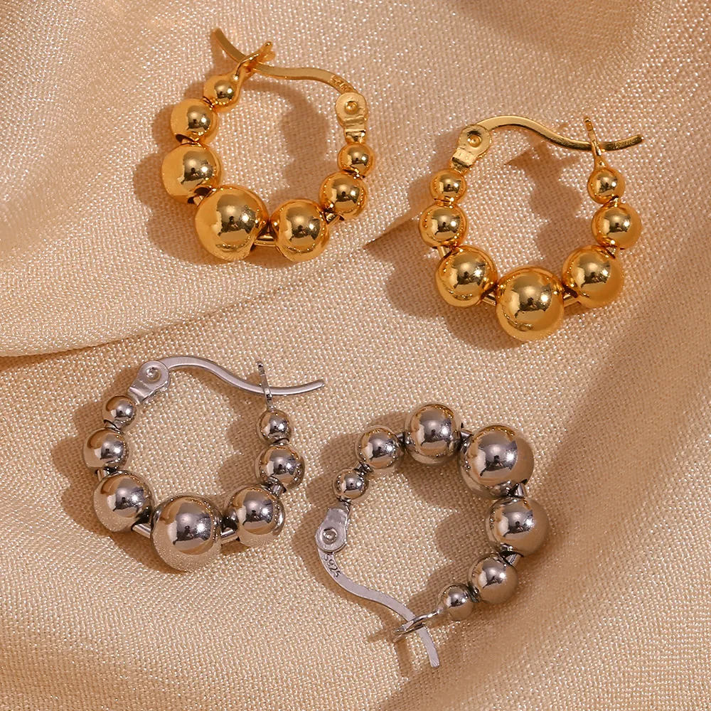 Women Small huggie hoops 18k gold plated earring golden beads hoop earring stainless steel jewelry beaded earrings