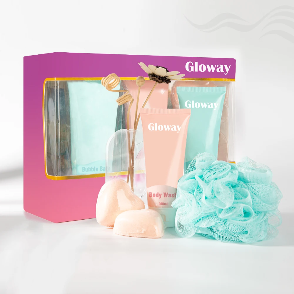 5Pcs Body Care Products Heart-Shaped Scented Bath Bombs Body Wash Loofah Girls Bath Shower SPA Gift Set