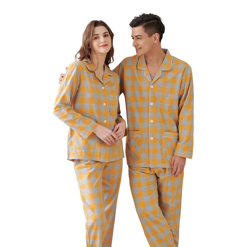 Женские и мужские пижамы, Хлопковая пижама для пар, комплект для сна, весна-осень, пижамы без рисунка