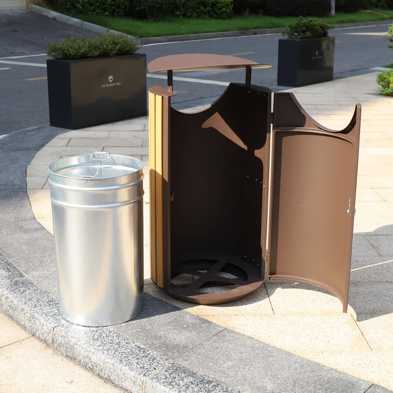 New ! Modern outdoor trash bin for park Streetscape round waste bins with 60L trash bin outdoor with PS wood commercial garbage